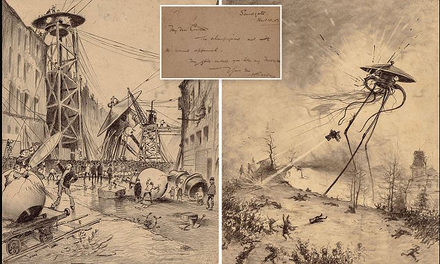 Оригинални рисунки с молив на Енрике Алвим Кореа от 1906 г. и бележка от автора Хърбърт Уелс.